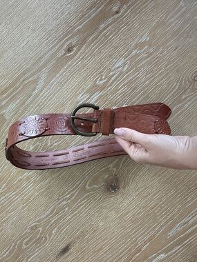 Fossil Brown Embossed Leather Belt with Brass Buckle